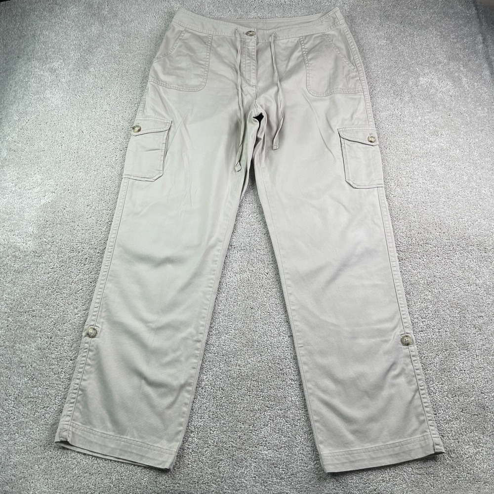 LL Bean Pants Women 14 Tall Tan Khaki Favorite Fit Cargo Roll Tab Utility Hiking